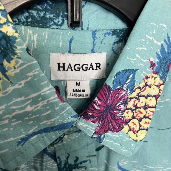 Haggar Mens Shirt Hawaiian Medium Blue Short Sleeve Button Down Pineapple Floral - Picture 3 of 6